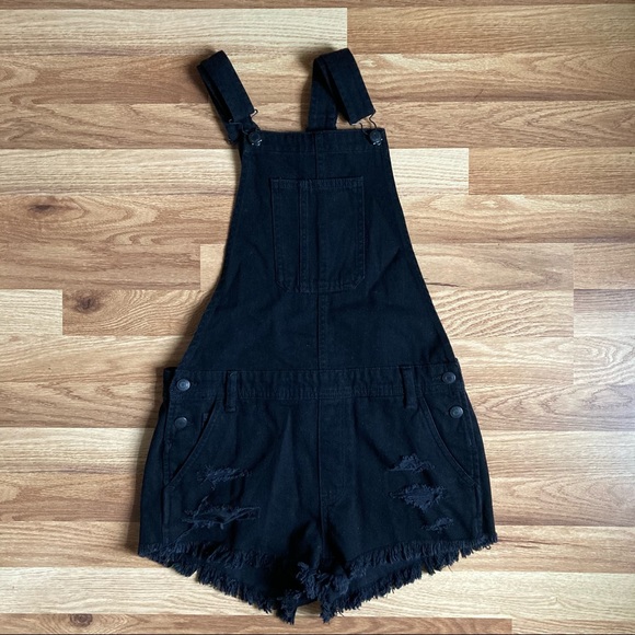 American Eagle Outfitters Pants - AEO Black Denim Overall Shorts Distressed XS